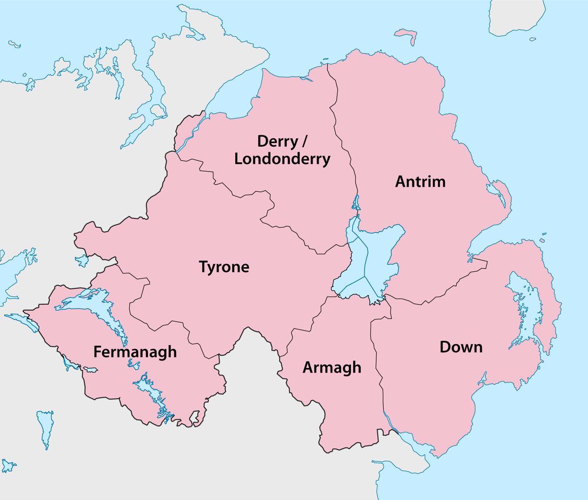 карта на северна ирска земји и градови